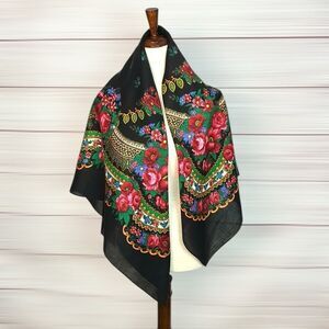 Herman Pecker Square Scarf Black Red Green Floral Russian Platok Style Japan Vtg
